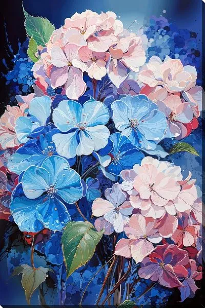 Картина маслом Гортензии на голубом фоне №2