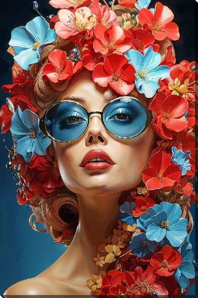 Картина маслом Девушка в очках и гортензиями на голове