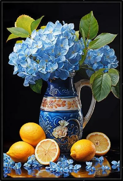 Картина Гортензия в кувшине и лимонами