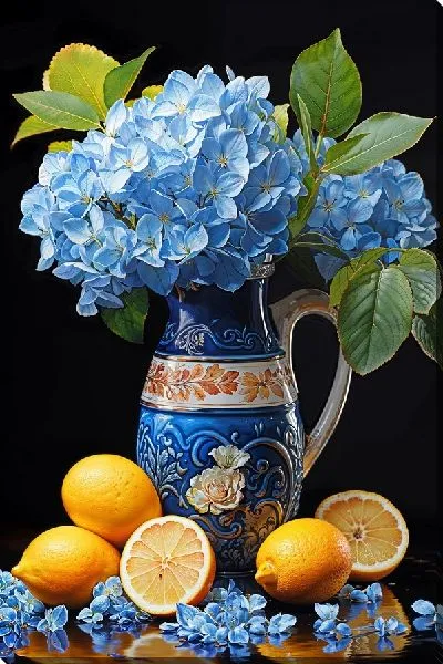 Картина маслом Гортензия в кувшине и лимонами