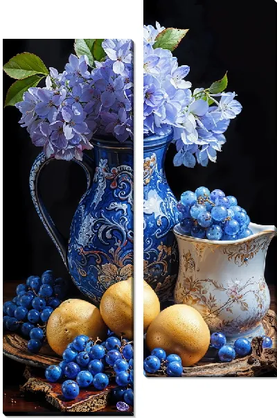 Модульная картина Гортензия в кувшине, лимоны и виноград