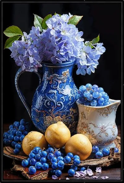 Картина Гортензия в кувшине, лимоны и виноград