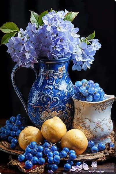 Постер Гортензия в кувшине, лимоны и виноград