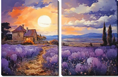 Модульная картина Пейзаж с лавандовыми полями на фоне заката