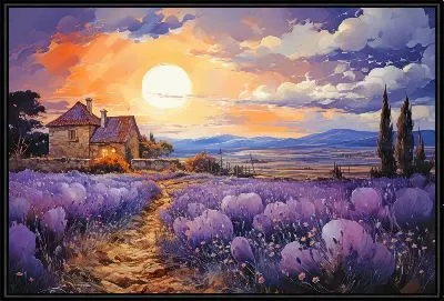 Пейзаж с лавандовыми полями на фоне заката