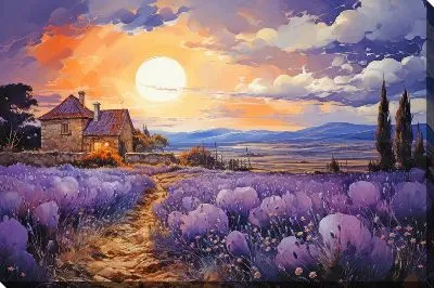 Картина маслом Пейзаж с лавандовыми полями на фоне заката
