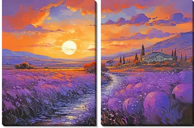 Модульная картина Пейзаж с лавандовыми полями на фоне заката №2