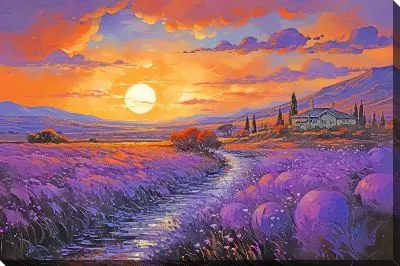Картина маслом Пейзаж с лавандовыми полями на фоне заката №2