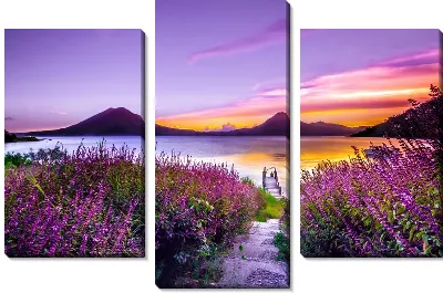 Модульная картина Лаванда на фоне горного озера и гор