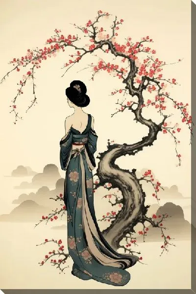 Картина маслом Девушка в платье на фоне сакуры