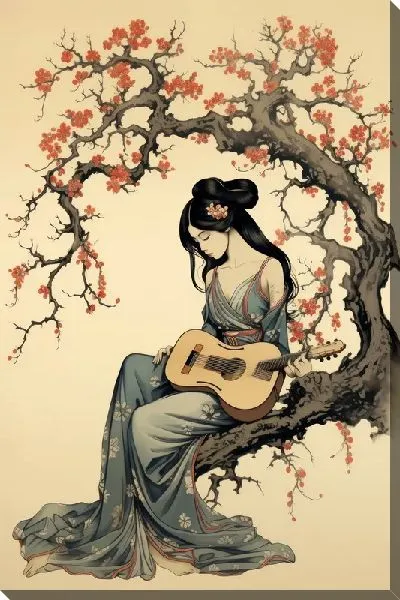 Картина маслом Игра на гитаре сидя на сакуре