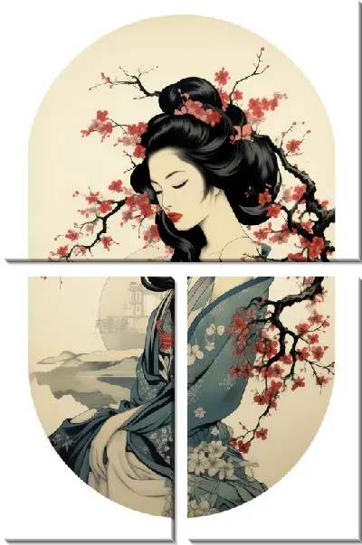 Модульная картина Японка на фоне сакуры