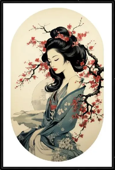 Картина Японка на фоне сакуры
