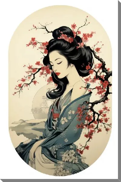 Картина маслом Японка на фоне сакуры