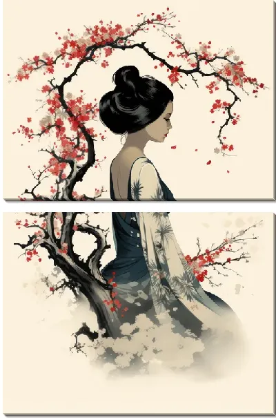Модульная картина Японка и сакура №21