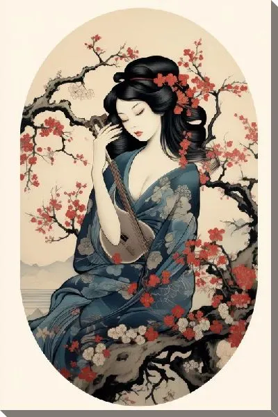 Картина маслом Японка и сакура №3