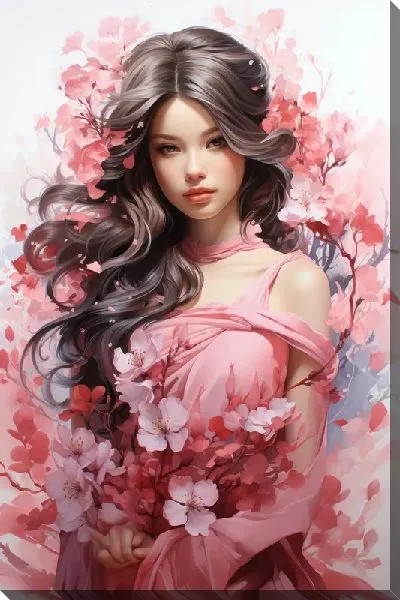 Картина маслом Девушка и сакура №11