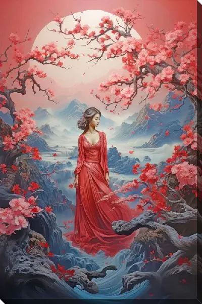 Картина маслом Девушка с цветками сакуры №72