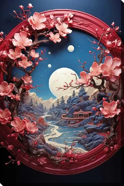 Картина маслом Пейзаж с сакурой в японском стиле