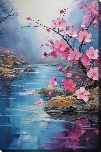 Картина маслом Сакура у реки