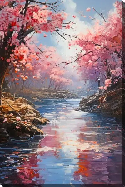 Картина маслом Сакура у реки №2