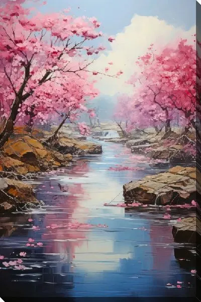Картина маслом Сакура у реки №3