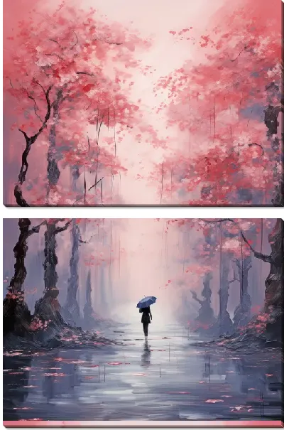 Модульная картина Прогулка под дождем среди сакуры