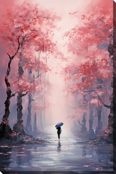 Картина маслом Прогулка под дождем среди сакуры