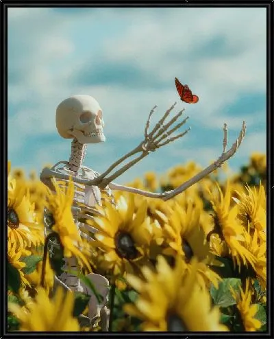 Картина Скелет ловит бабочку на поле с подсолнухами