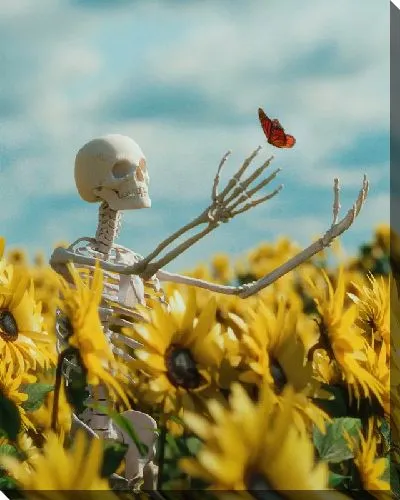 Постер Скелет ловит бабочку на поле с подсолнухами