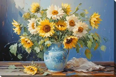 Картина маслом Подсолнухи в вазе в стиле мастихин №31