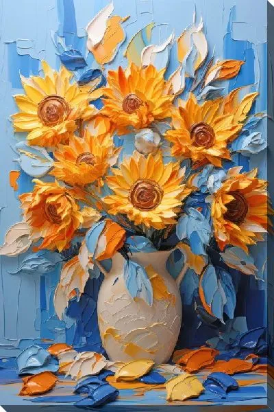 Картина маслом Подсолнухи в вазе в стиле мастихин №32