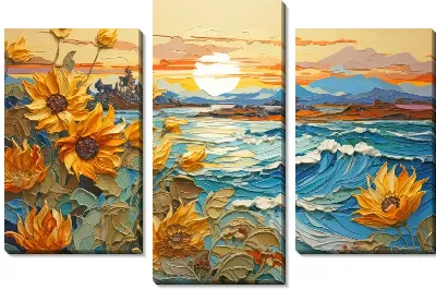 Модульная картина Подсолнухи и морские волны
