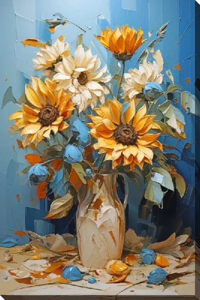 Картина маслом Подсолнухи в вазе в стиле мастихин №37