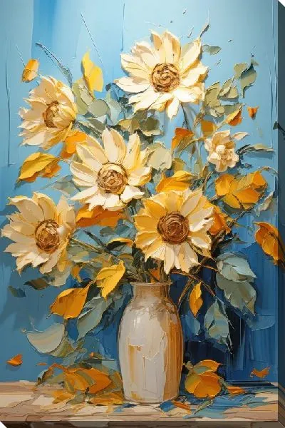 Картина маслом Подсолнухи в вазе в стиле мастихин №39