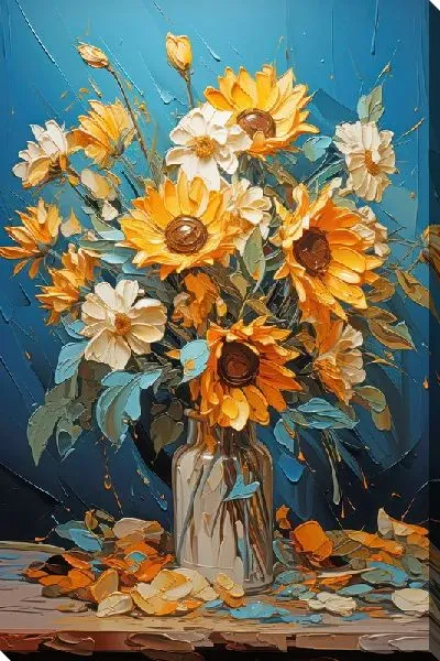 Картина маслом Подсолнухи в вазе в стиле мастихин №40