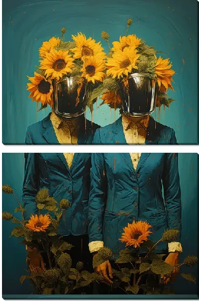 Модульная картина Два человека в шлемах и с подсолнухами