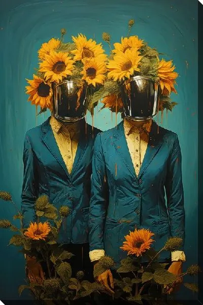 Картина маслом Два человека в шлемах и с подсолнухами