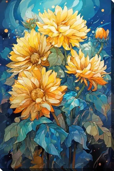 Картина маслом Желтые цветы на голубом фоне