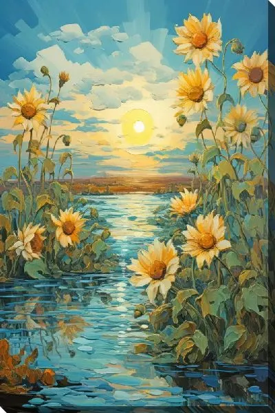 Картина маслом Подсолнухи на реке