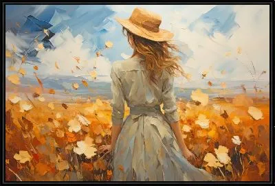 Девушка в шляпе в ветряном поле подсолнухов