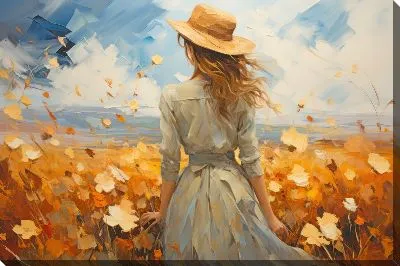 Картина маслом Девушка в шляпе в ветряном поле подсолнухов