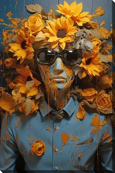 Картина маслом Мужчина в очках и подсолнухи