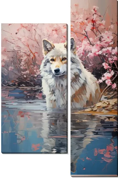 Модульная картина Волк и сакура