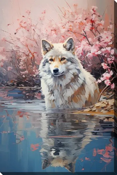 Картина маслом Волк и сакура
