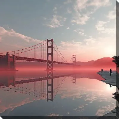 Картина маслом Красный мост над водой