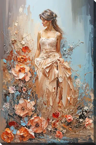 Картина маслом Девушка в платье с цветами