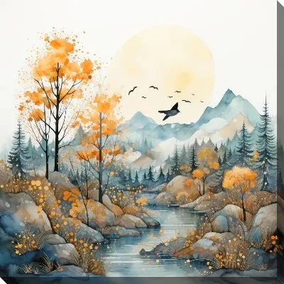 Картина маслом Осенний пейзаж с горами и рекой на фоне пролетающих птиц