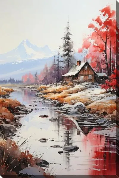 Картина маслом Пейзаж с рекой - ранняя зима