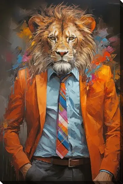 Картина маслом Лев в стильном желтом пиджаке